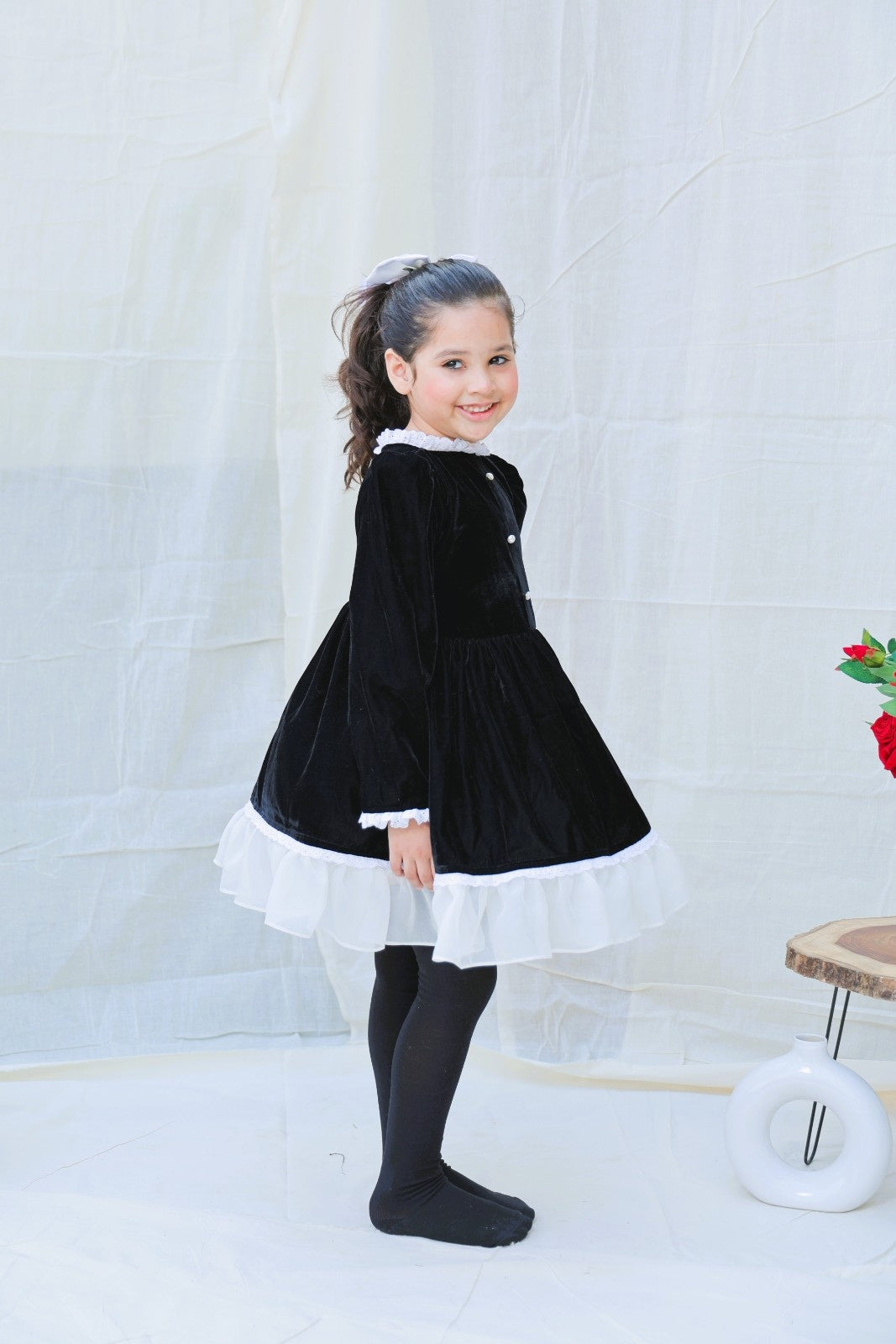 Black Fit And Flare Velvet Puff Sleeves For Girls