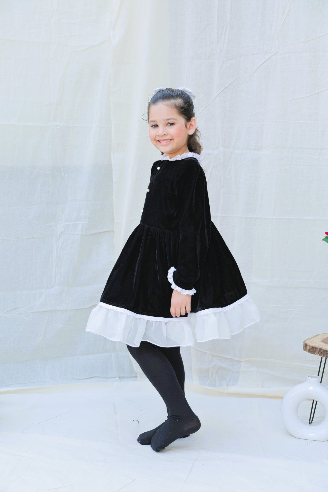 Black Fit And Flare Velvet Puff Sleeves For Girls