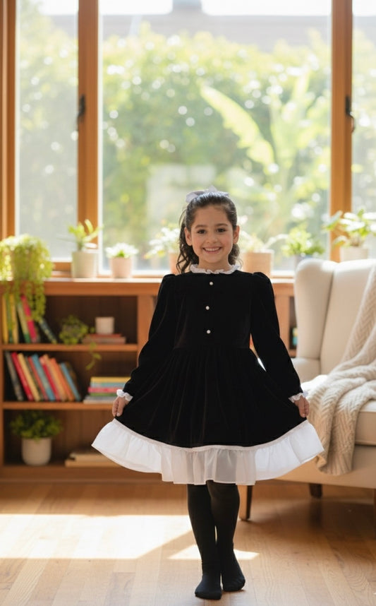Black Fit And Flare Velvet Puff Sleeves For Girls