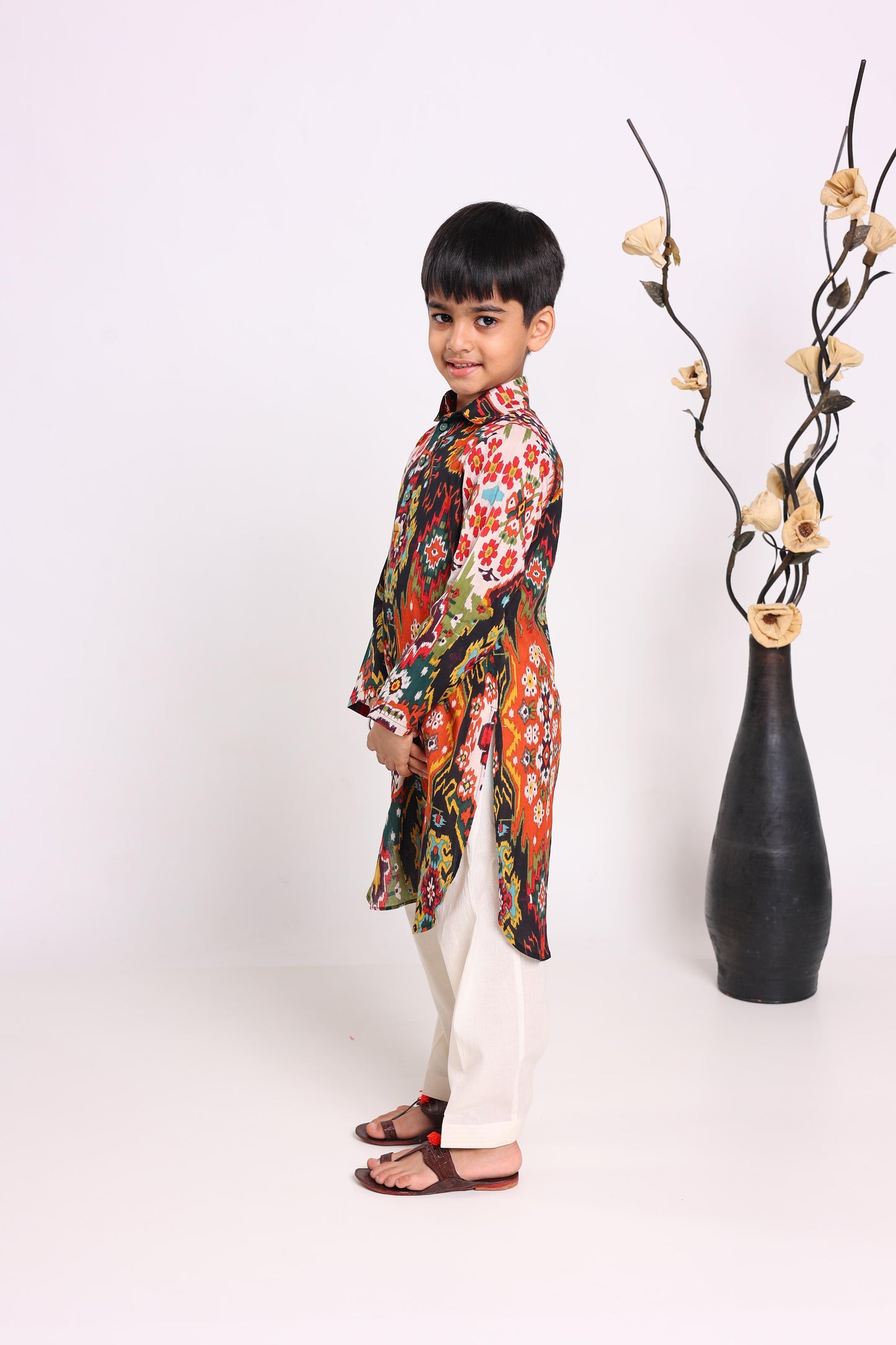 Multicolour Pure Cotton Long Sleeves Printed Knee Length Kurta Sets For Boys