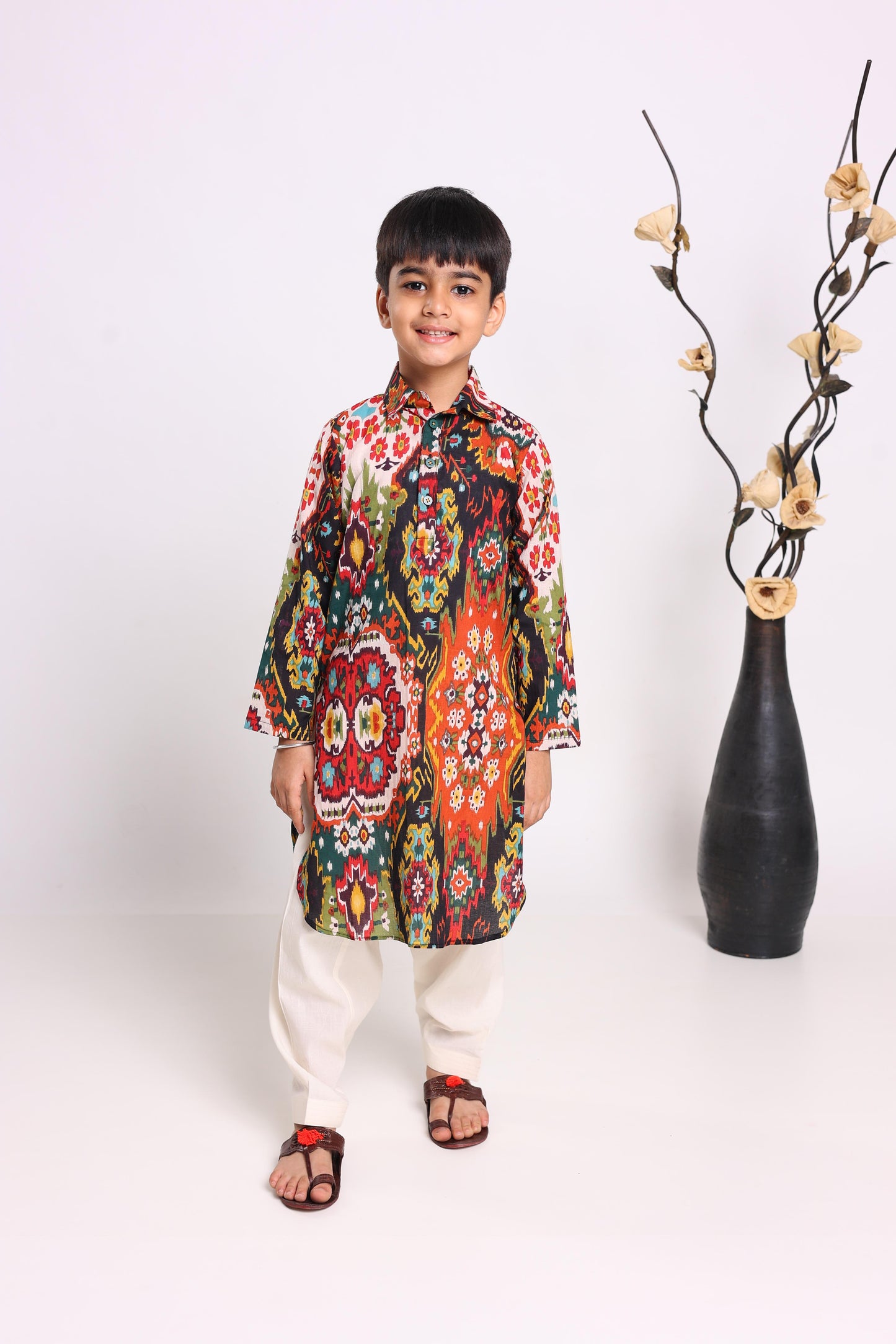Multicolour Pure Cotton Long Sleeves Printed Knee Length Kurta Sets For Boys