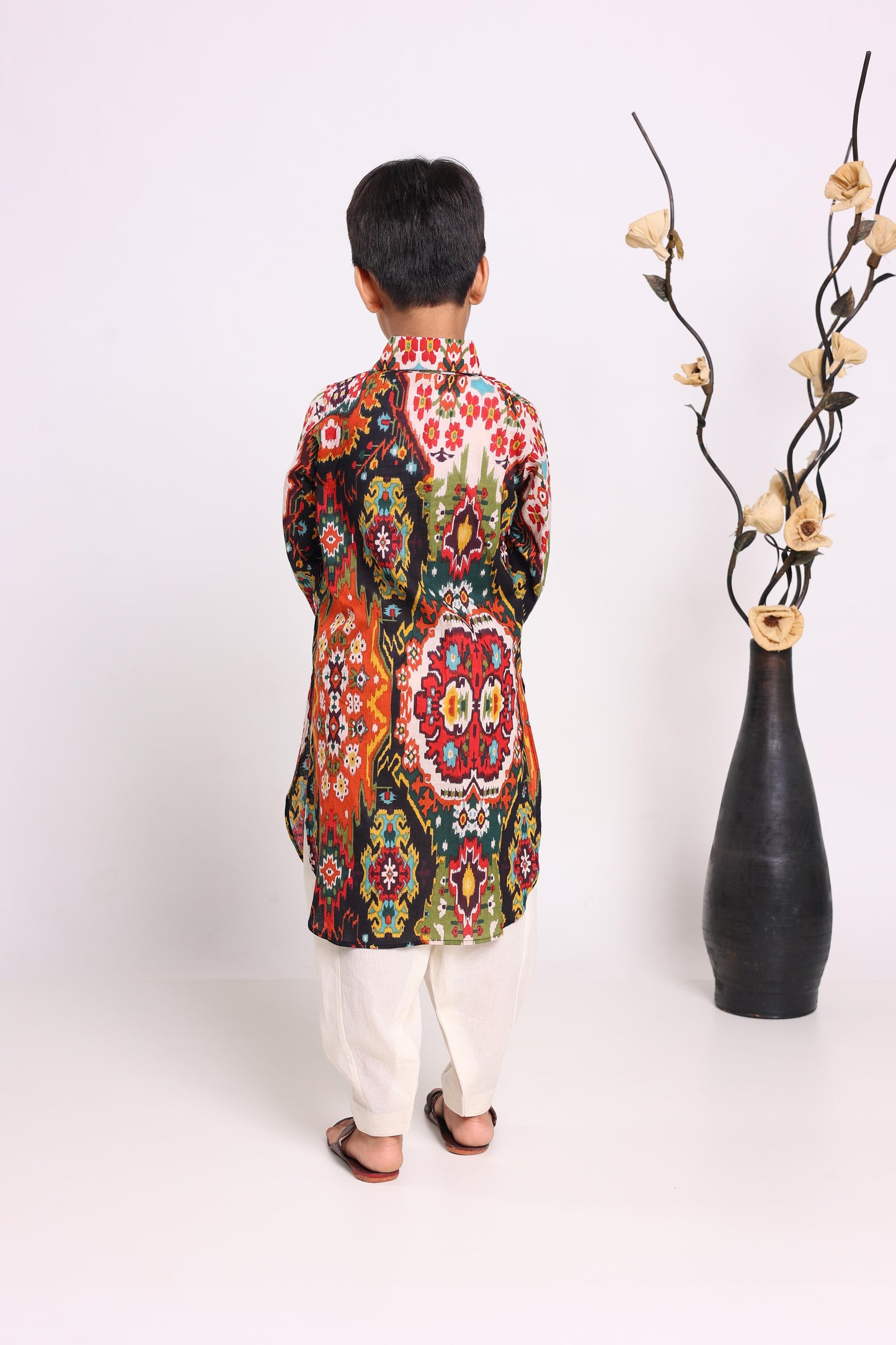 Multicolour Pure Cotton Long Sleeves Printed Knee Length Kurta Sets For Boys