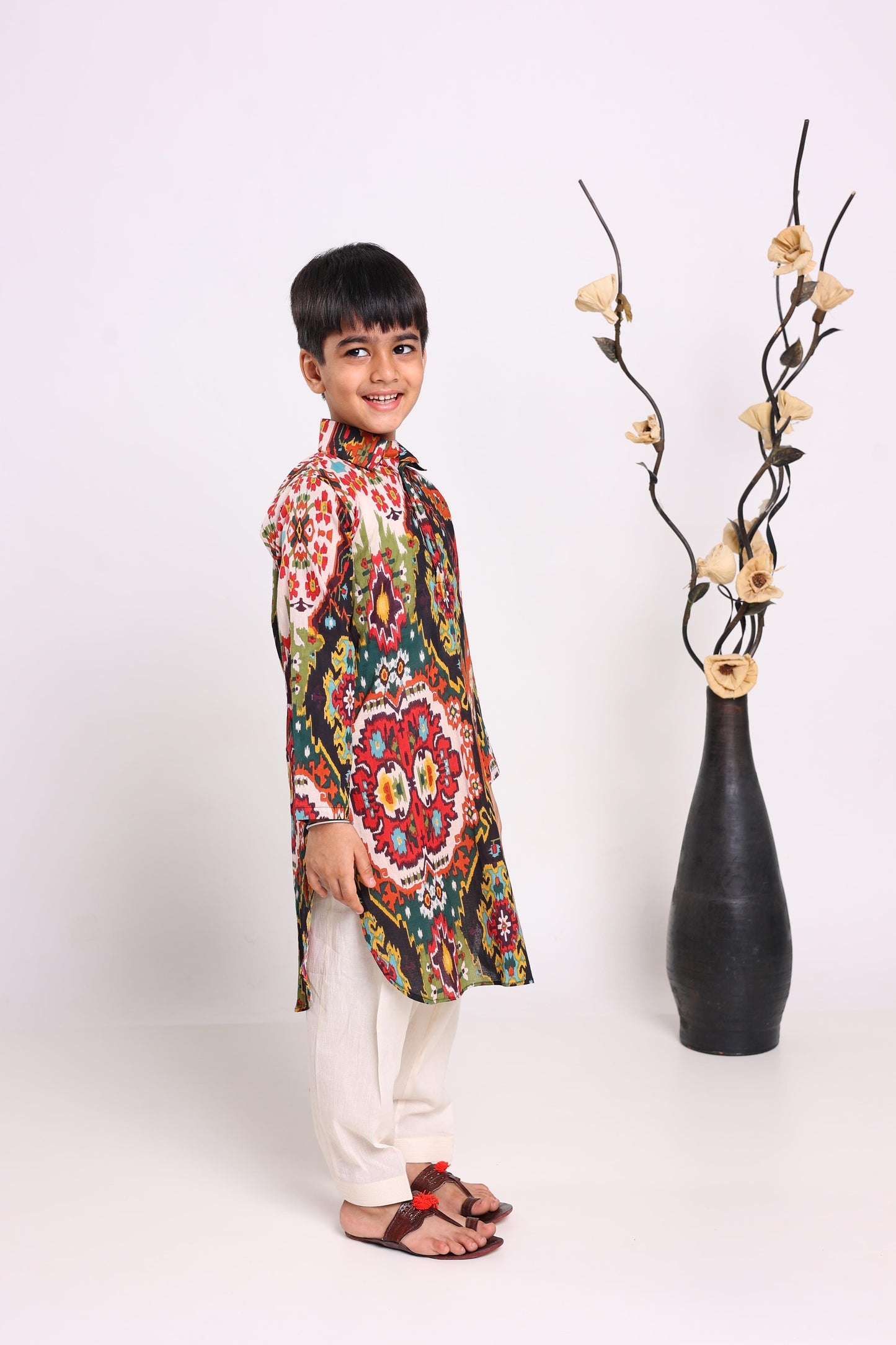 Multicolour Pure Cotton Long Sleeves Printed Knee Length Kurta Sets For Boys