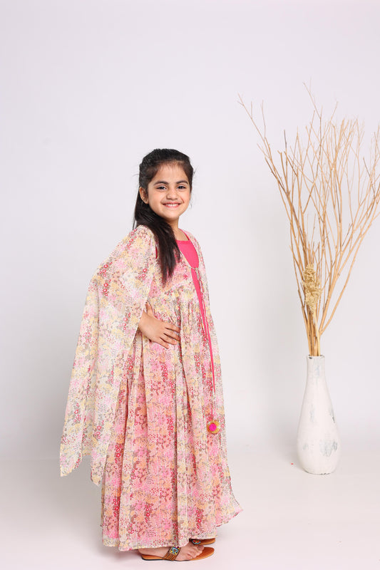 Pink Polyester Fit And Flare Maxi Dress For Girls