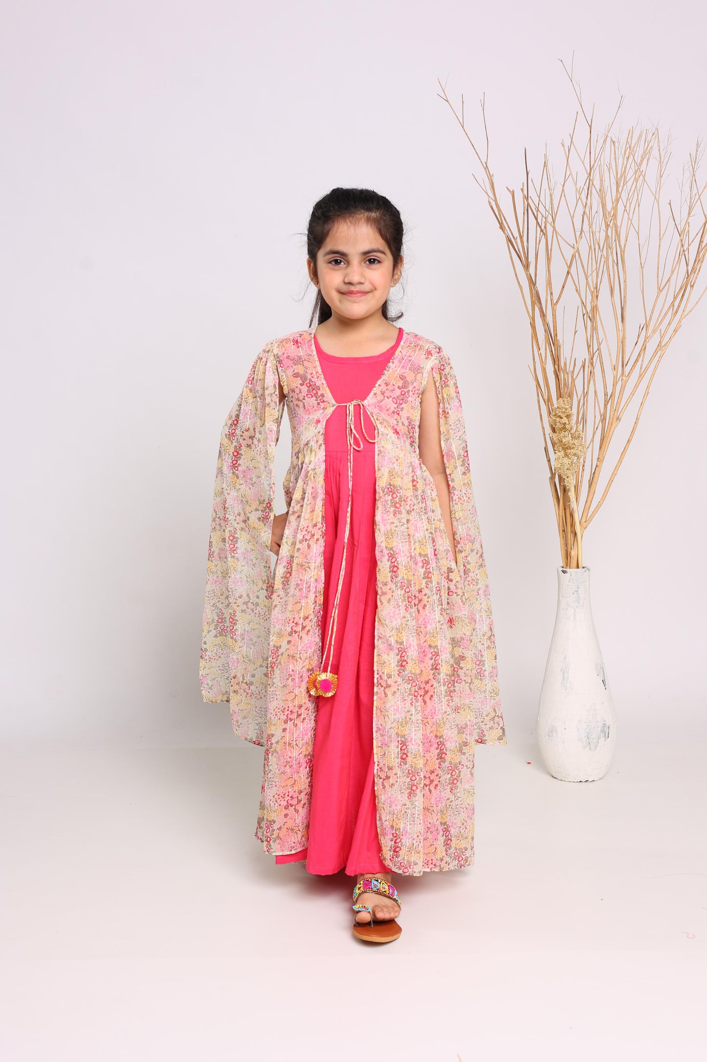 Pink Polyester Fit And Flare Maxi Dress For Girls