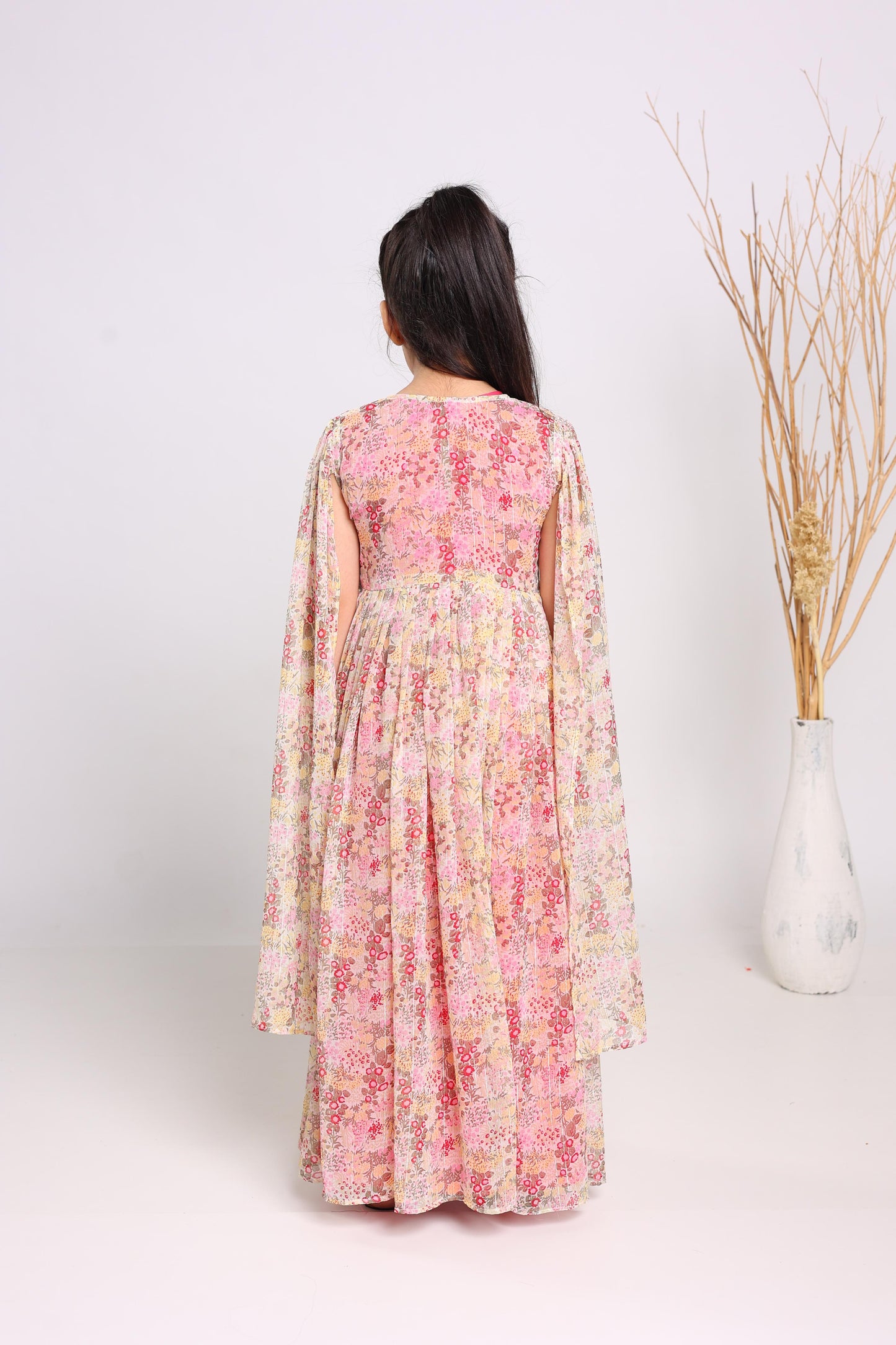 Pink Polyester Fit And Flare Maxi Dress For Girls