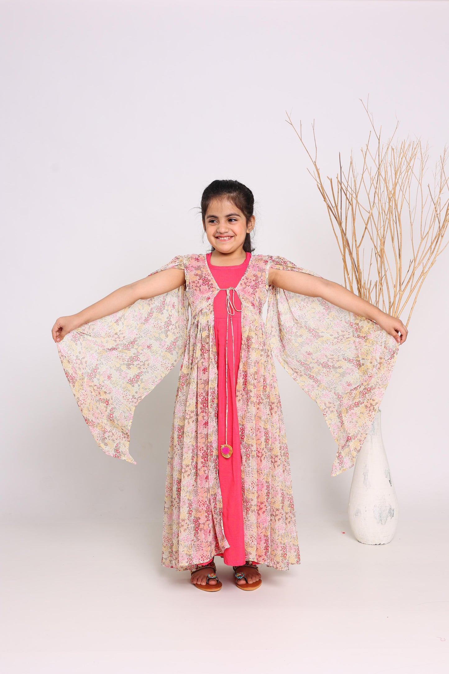 Pink Polyester Fit And Flare Maxi Dress For Girls