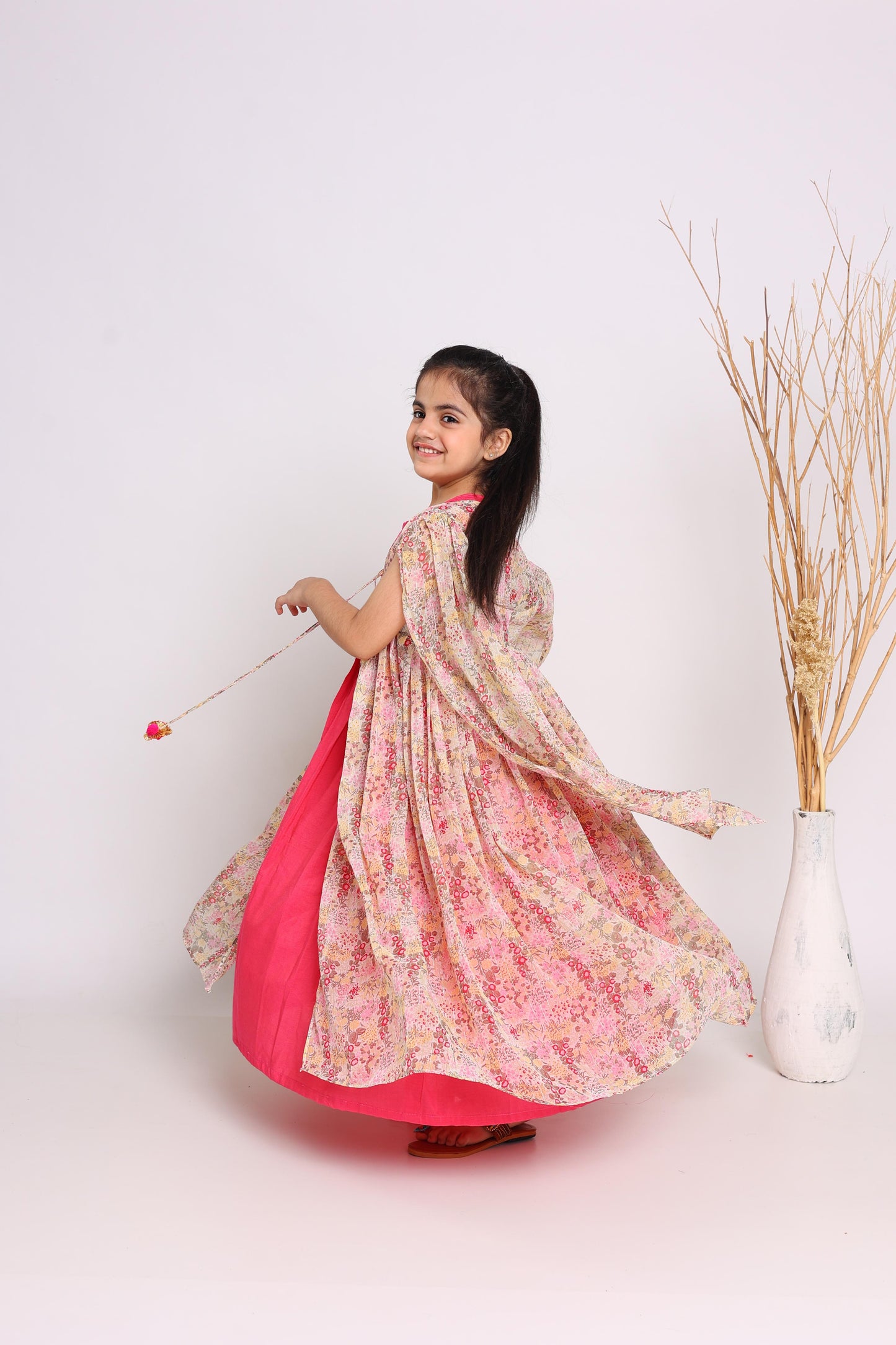 Pink Polyester Fit And Flare Maxi Dress For Girls