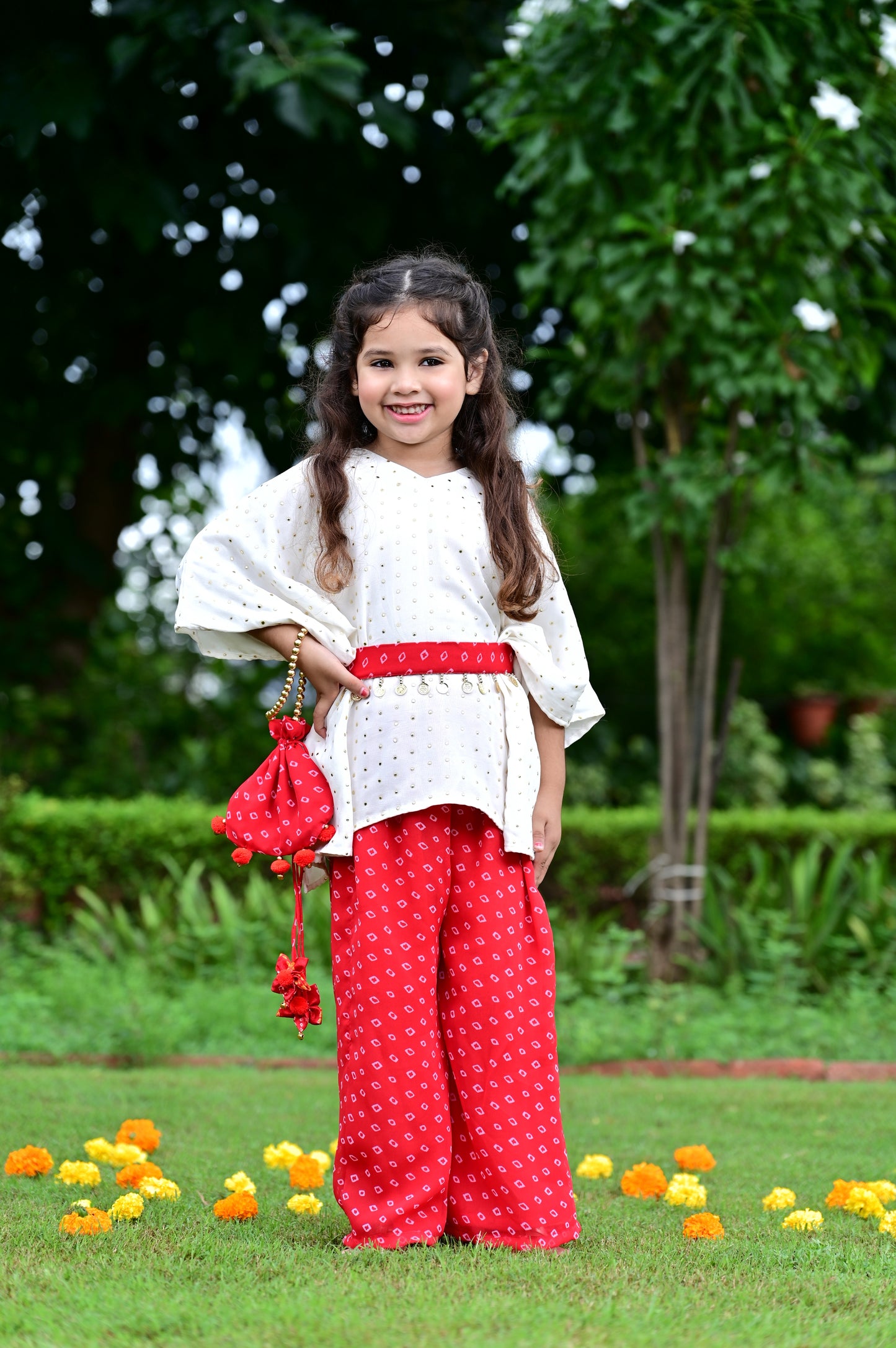 Red Bandhani Print Georgette Kaftan Set For Girls