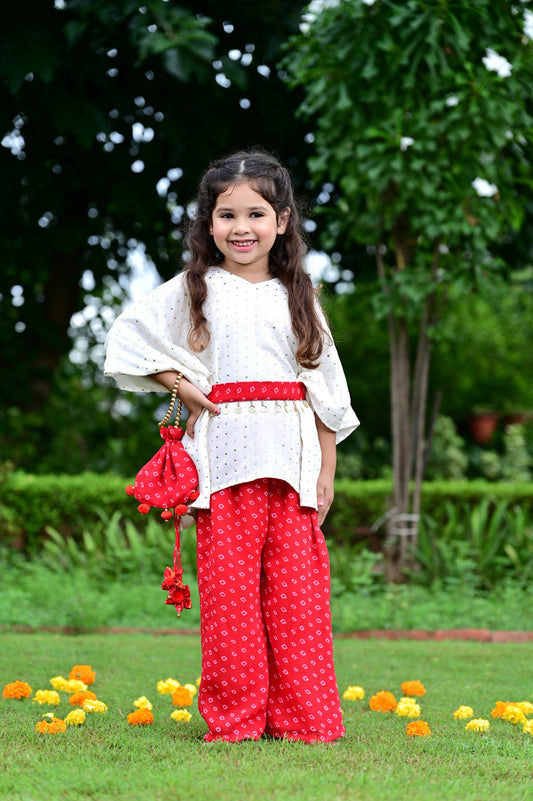 Red Bandhani Print Georgette Kaftan Set For Girls