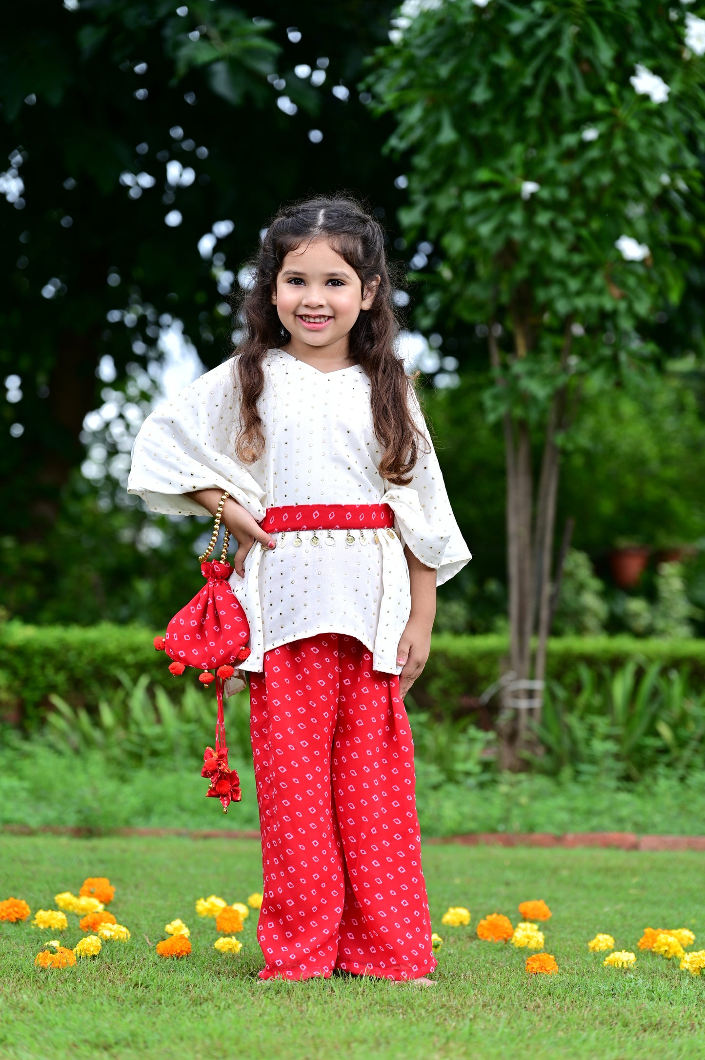 Red Bandhani Print Georgette Kaftan Set For Girls