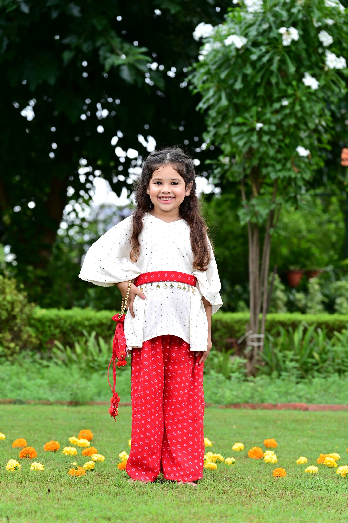 Red Bandhani Print Georgette Kaftan Set For Girls
