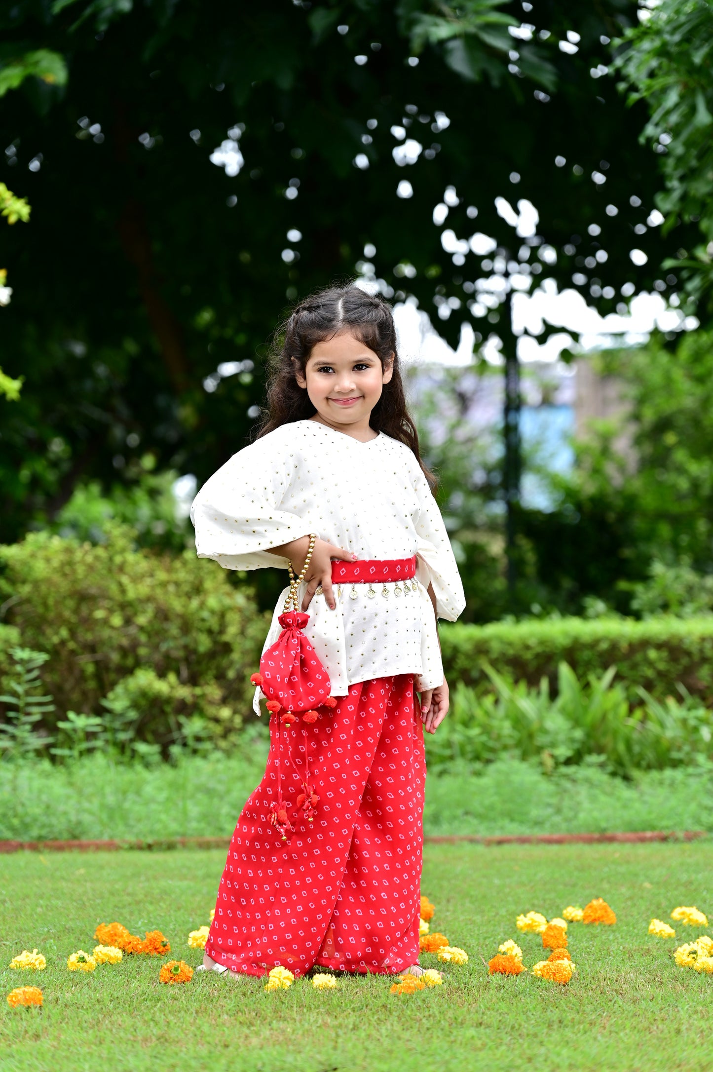 Red Bandhani Print Georgette Kaftan Set For Girls