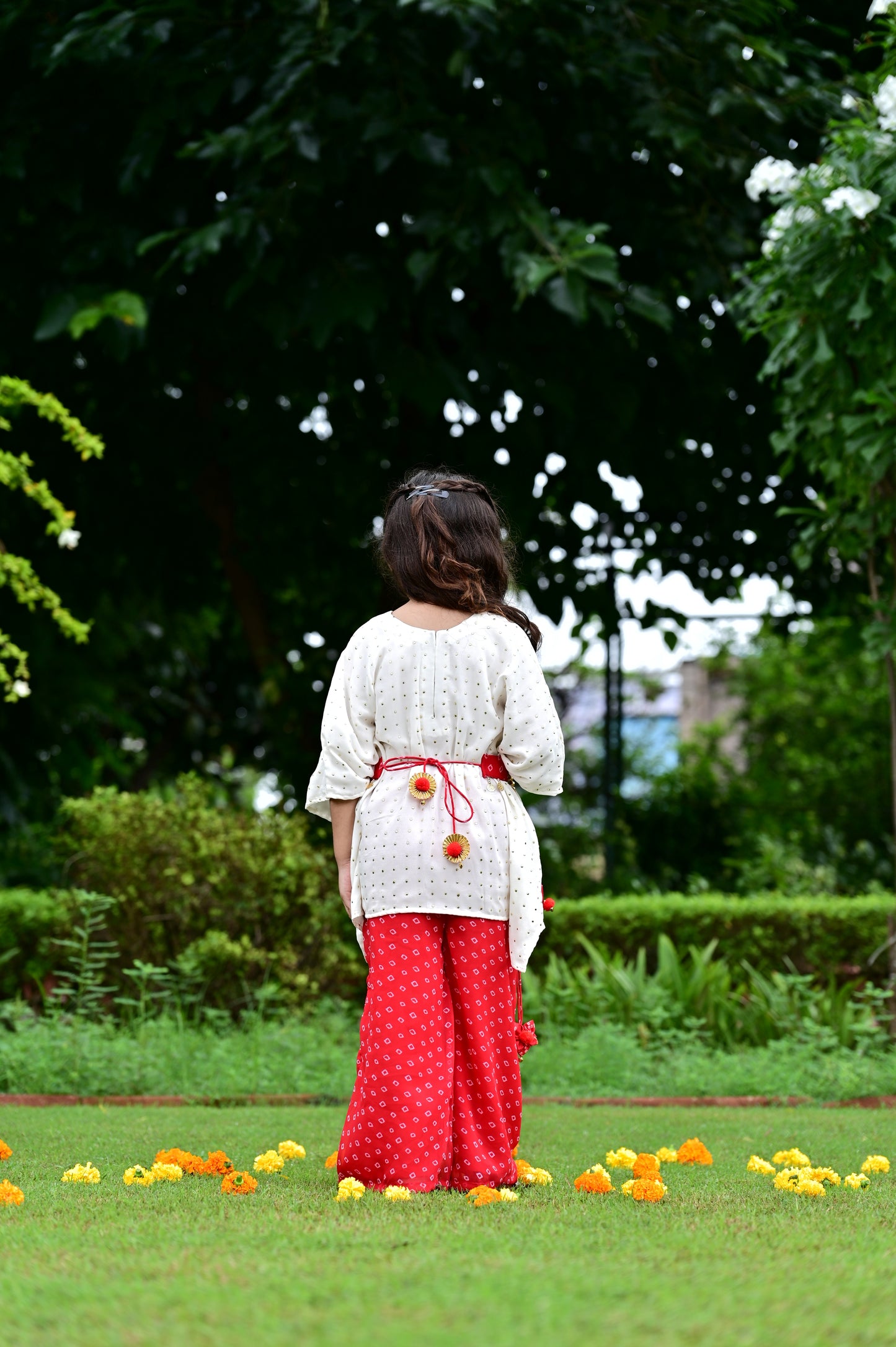 Red Bandhani Print Georgette Kaftan Set For Girls