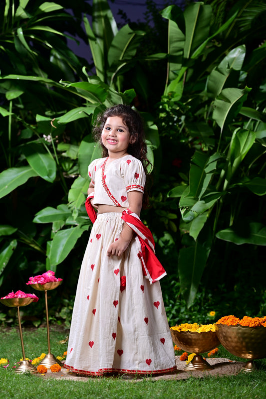 Off White Heart Embroidered Lehenga Choli For Girls