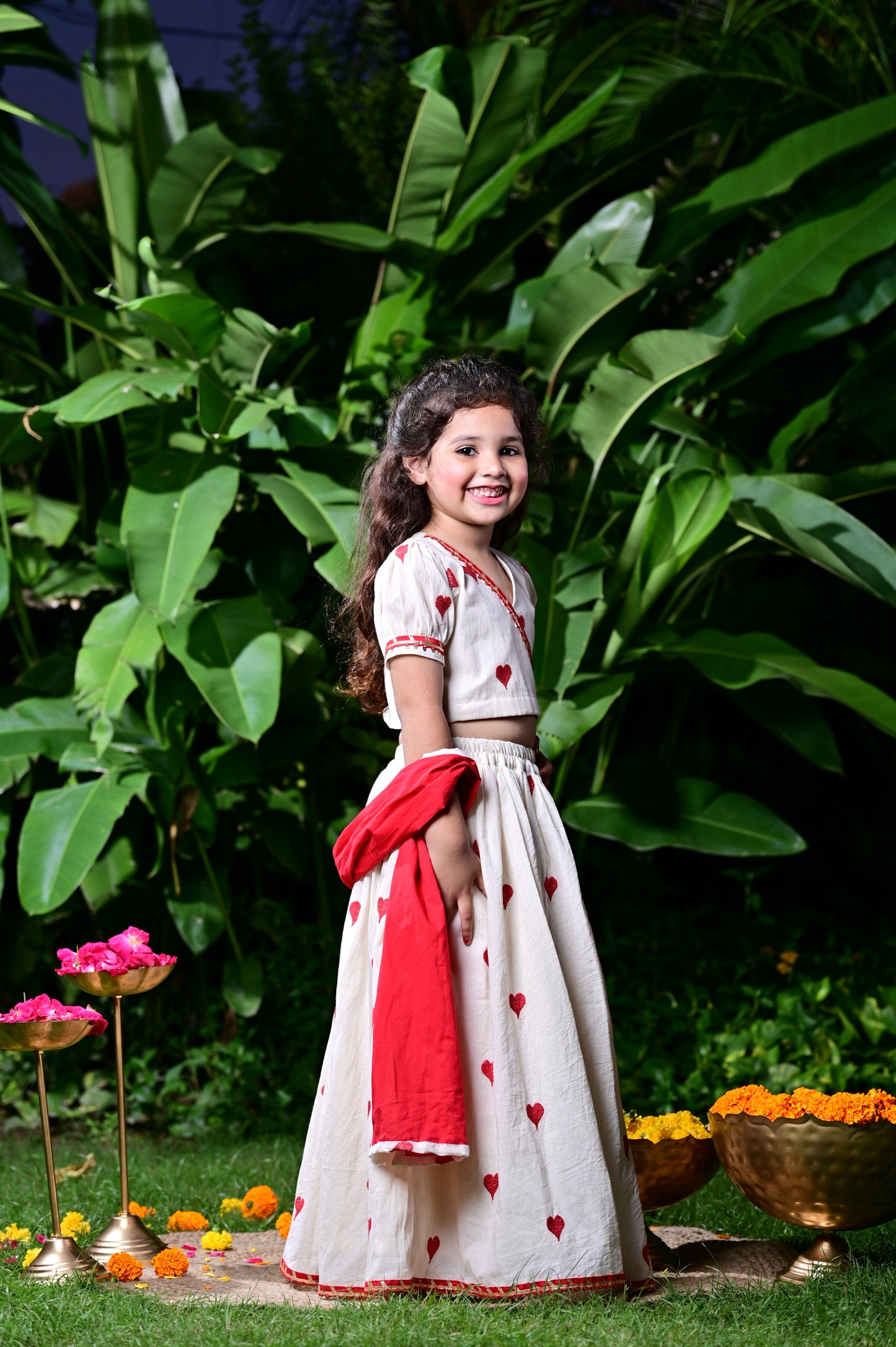 Off White Heart Embroidered Lehenga Choli For Girls