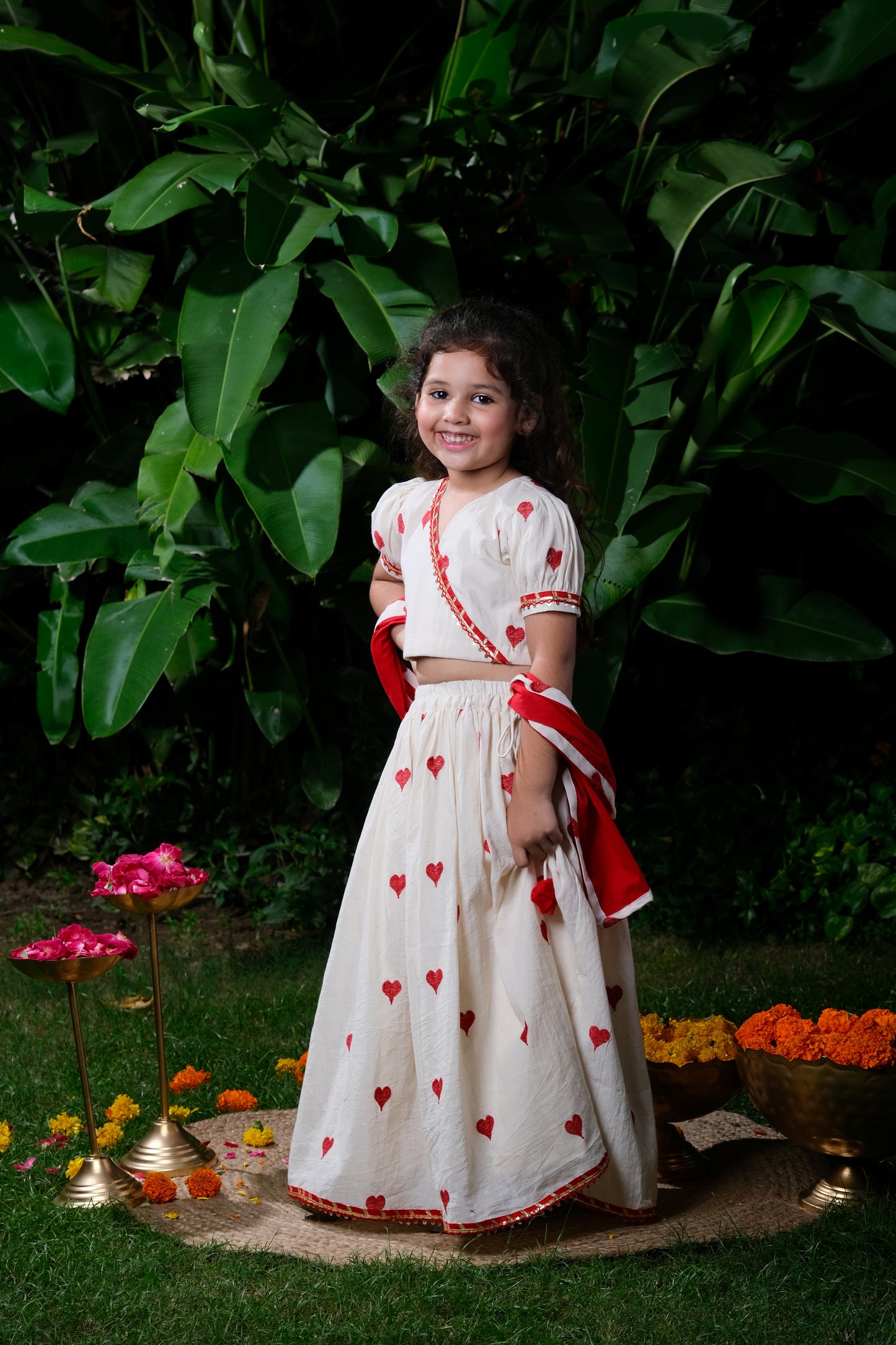 Off White Heart Embroidered Lehenga Choli For Girls