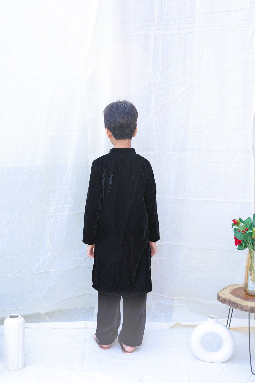 Black Evil Eye Velvet Kurta And Trousers for boys