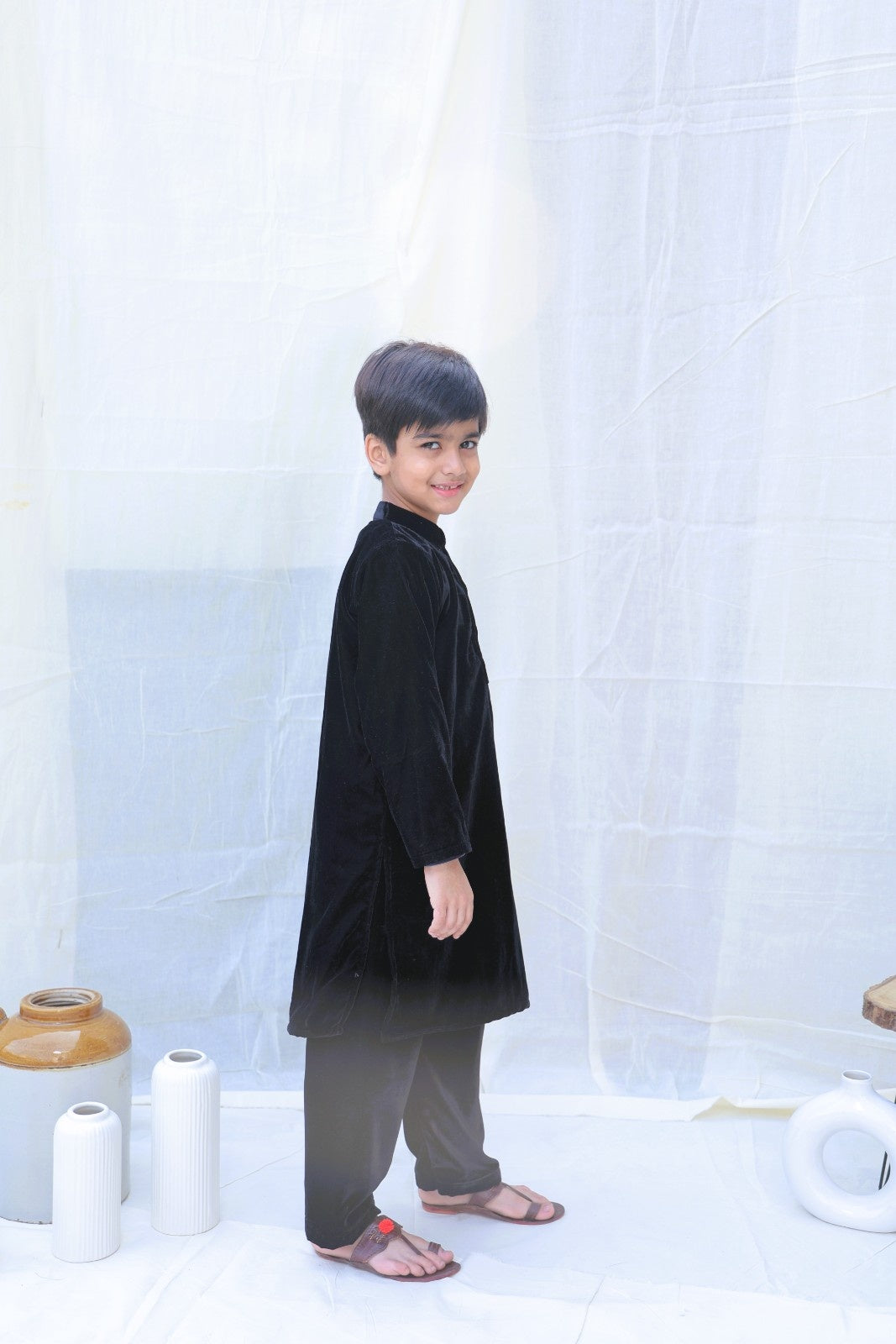 Black Evil Eye Velvet Kurta And Trousers for boys