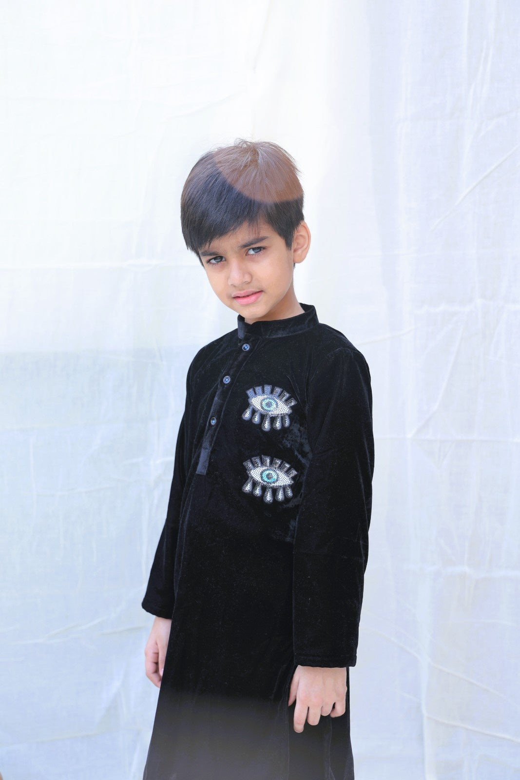Black Evil Eye Velvet Kurta And Trousers for boys