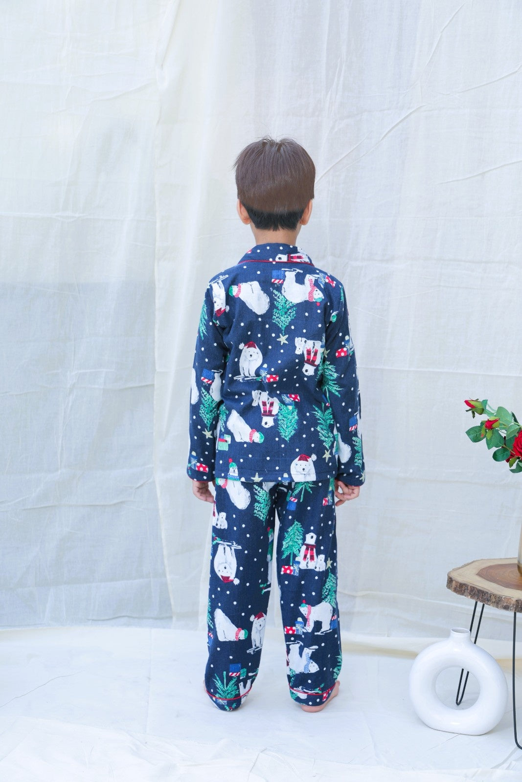 Blue Cotton Blend Collard Long Sleeves Winter Night Suits For Boys