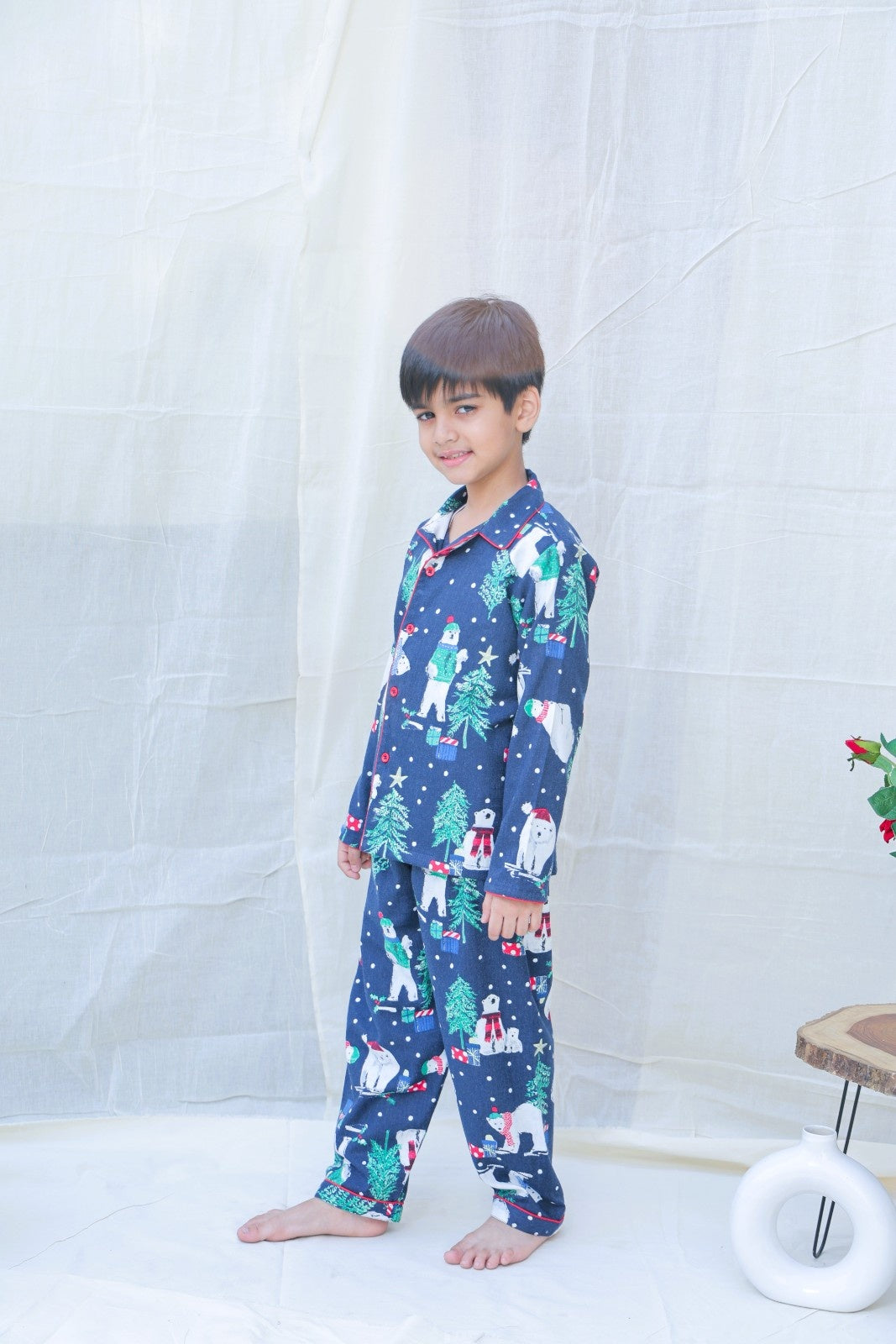 Blue Cotton Blend Collard Long Sleeves Winter Night Suits For Boys