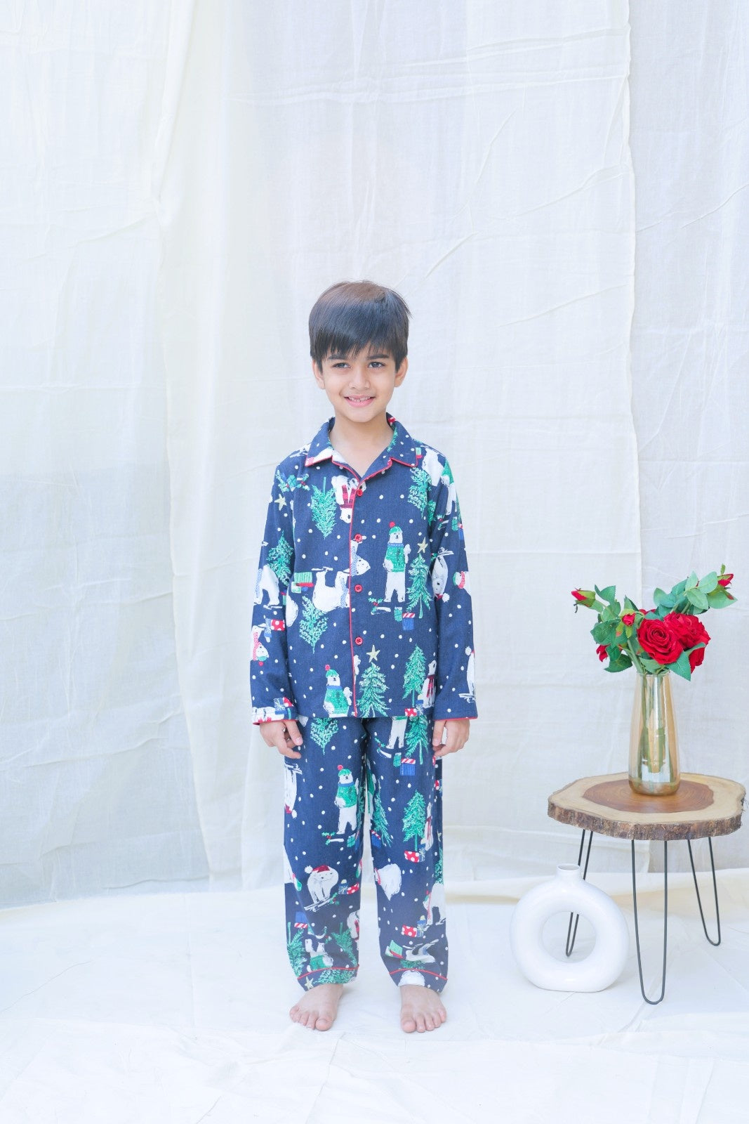 Blue Cotton Blend Collard Long Sleeves Winter Night Suits For Boys