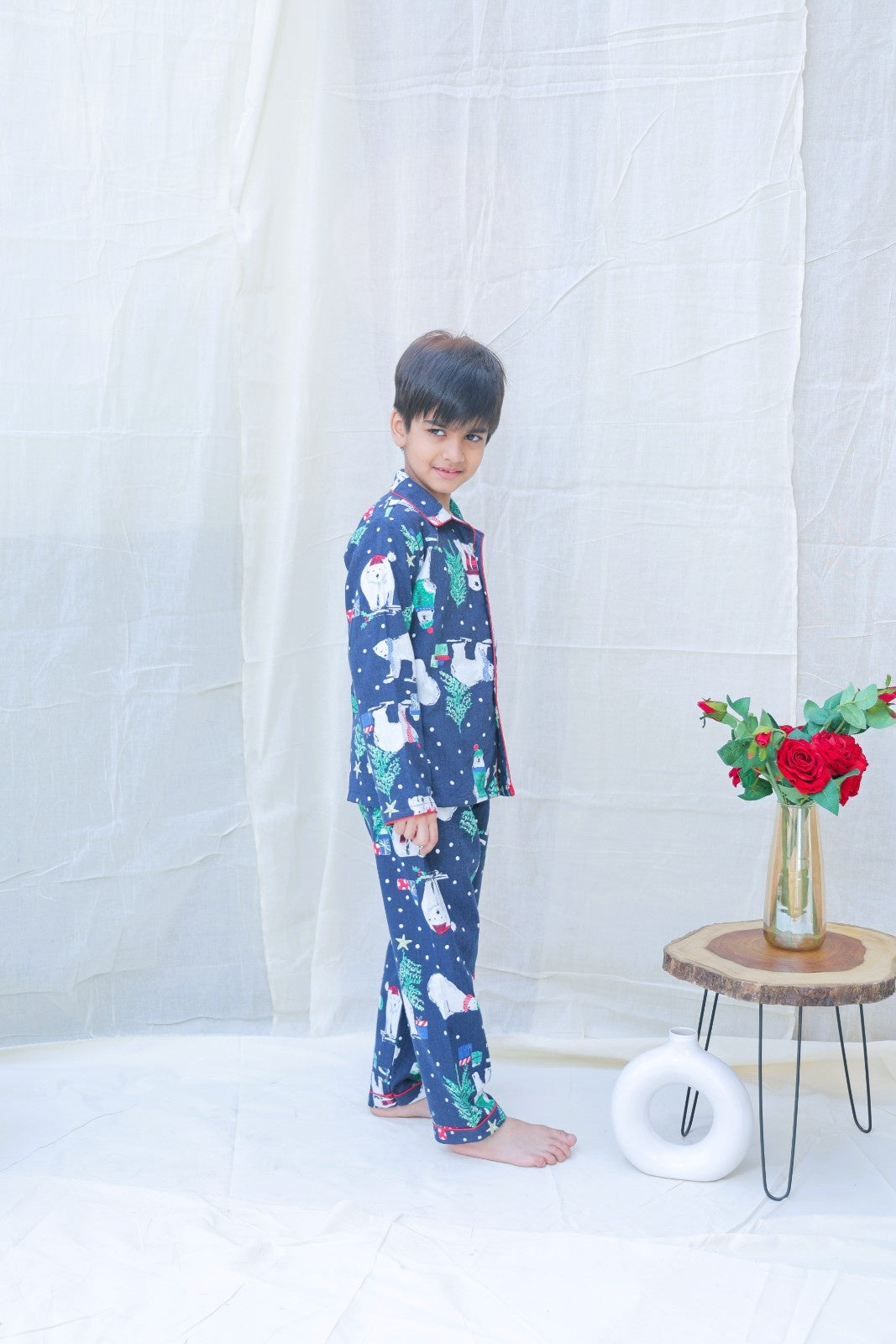 Blue Cotton Blend Collard Long Sleeves Winter Night Suits For Boys