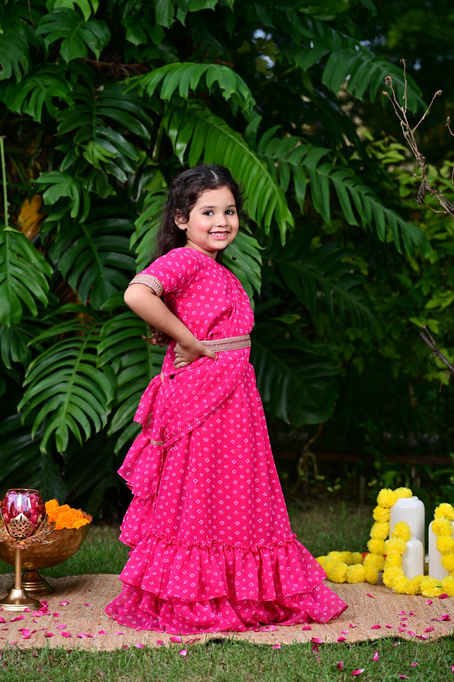 Pink Bandhani Print Georgette Drape Saree For Girls