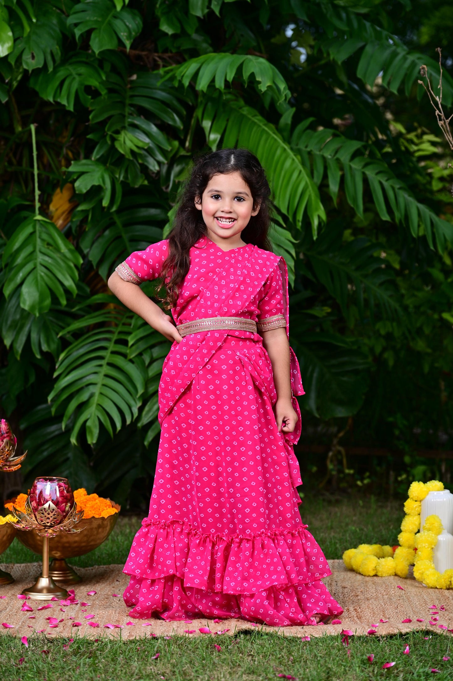 Pink Bandhani Print Georgette Drape Saree For Girls