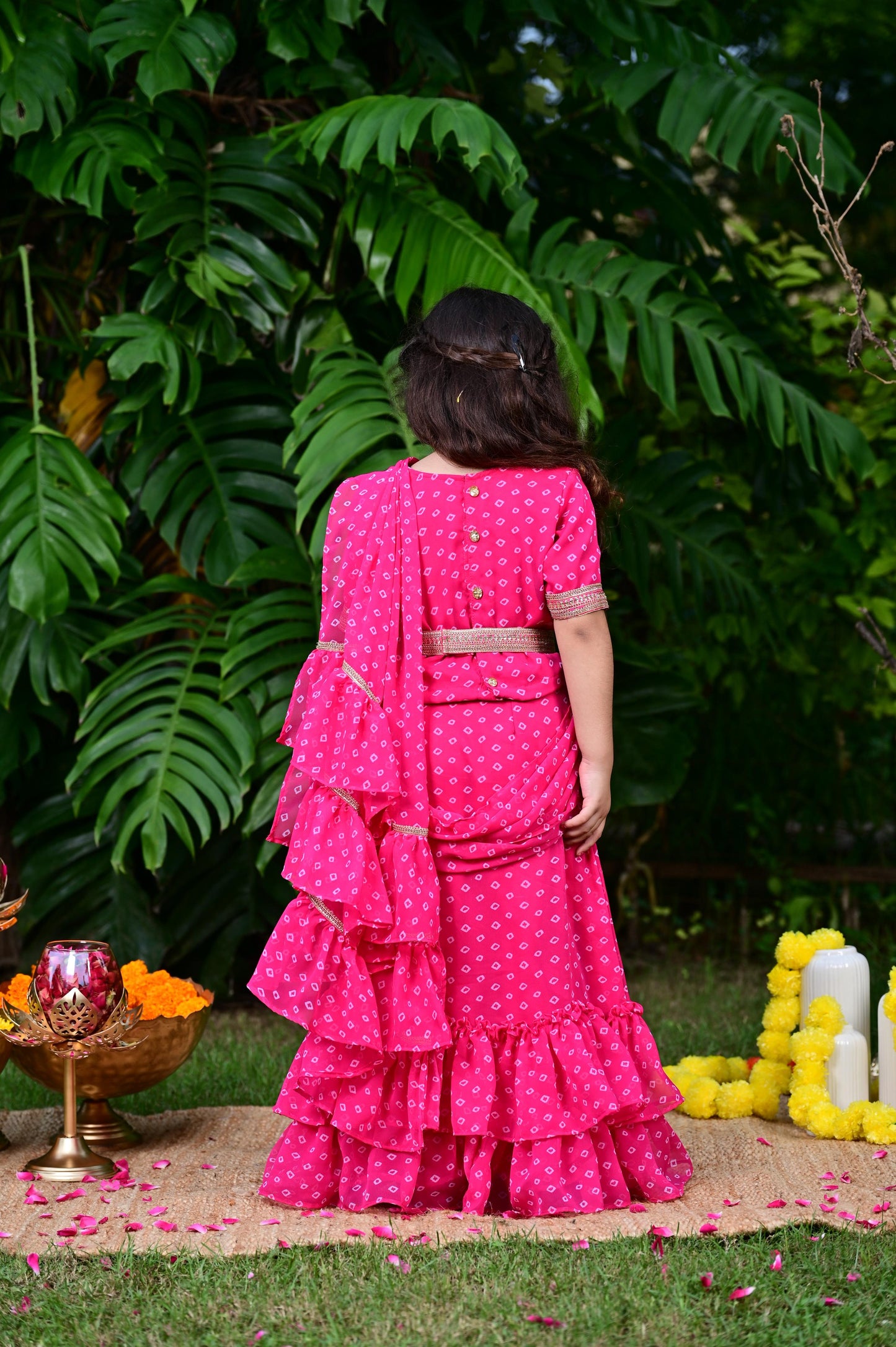 Pink Bandhani Print Georgette Drape Saree For Girls
