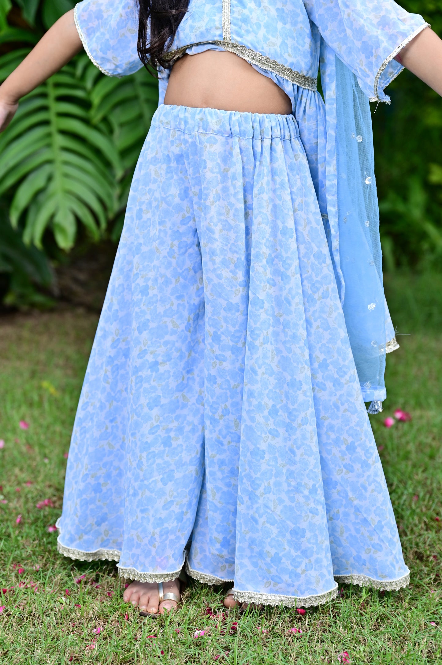 Sky Blue Floral Print Georgette Kurta Sharara Set For Girls