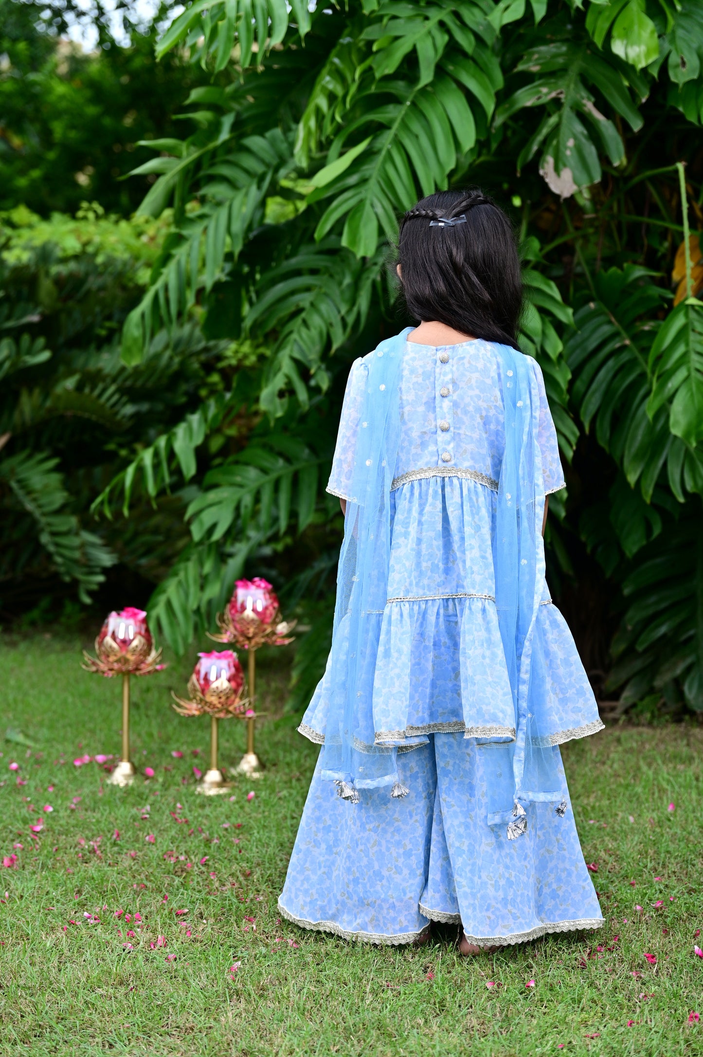 Sky Blue Floral Print Georgette Kurta Sharara Set For Girls