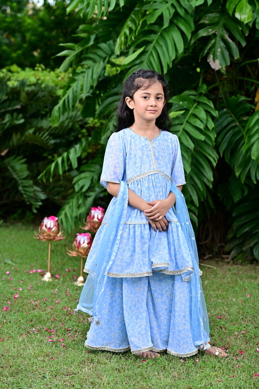 Sky Blue Floral Print Georgette Kurta Sharara Set For Girls