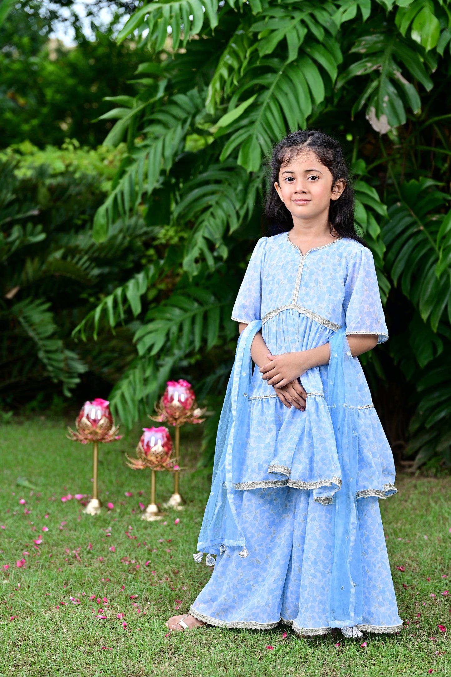 Sky Blue Floral Print Georgette Kurta Sharara Set For Girls